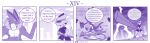  4koma ambiguous_gender anthro braver_(character) clothing comic dialogue dragon duo english_text feral hi_res kobold mask monochrome purple_theme text vavacung 
