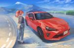  1girl car ground_vehicle highres looking_to_the_side momo_hiki motor_vehicle open_mouth original personification red_eyes red_hair tied_hair toyota toyota_86 vehicle_focus 