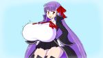  1girl bb_(fate)_(all) bb_(fate/extra_ccc) boots breasts collared_shirt fang fate/extra fate/extra_ccc fate_(series) fupoo gloves hair_ribbon huge_breasts long_hair open_mouth purple_hair red_eyes ribbon shirt skirt solo thigh_boots thighhighs thighs twitter_username very_long_hair wide_sleeves 