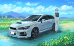  1girl black_shirt car grey_hair ground_vehicle hands_in_pockets highres looking_to_the_side momo_hiki motor_vehicle open_mouth original personification shirt shirt_tucked_in short_hair smile subaru_(brand) vehicle_focus 