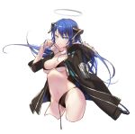  2020 arknights blue_eyes blue_hair blush bra breasts camel_toe clothing female hair halo horn horned_humanoid humanoid jacket long_hair mostima_(arknights) navel simple_background smile solo topwear underwear white_background xion32 