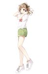 1girl :d absurdres bangs blush brown_eyes brown_hair eyebrows_visible_through_hair green_shorts hachimitsu_honey hands_on_headphones hands_up headphones highres looking_away open_mouth original shirt shoes short_shorts short_sleeves shorts simple_background smile solo standing standing_on_one_leg swept_bangs white_background white_footwear white_shirt 