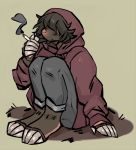  anthro cigarette claws clothing eulipotyphlan fawnsdraws hair hair_over_eye hair_over_eyes hood_up hoodie male mammal mole_(animal) one_eye_obstructed sitting_on_ground smoking solo topwear 