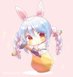  1girl :3 animal_ear_fluff animal_ears bangs black_gloves blue_hair blush bow braid brown_background bunny_ears carrot_hair_ornament cauldron chibi closed_mouth commentary_request detached_sleeves dress eyebrows_visible_through_hair food_themed_hair_ornament full_body getting_over_it gloves hair_between_eyes hair_bow hair_ornament holding hololive in_cauldron in_pot kouu_hiyoyo long_hair looking_at_viewer multicolored_hair pot puffy_short_sleeves puffy_sleeves red_eyes short_eyebrows short_sleeves sledgehammer strapless strapless_dress thick_eyebrows twin_braids twintails twitter_username two-tone_hair usada_pekora very_long_hair virtual_youtuber white_bow white_dress white_hair white_sleeves 