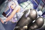  1girl all_fours animal_ears ass azur_lane bangs bed belfast_(azur_lane) black_legwear blue_eyes braid breasts bunny_ears bunny_girl bunny_tail bunnysuit crying curtains dutch_angle eyebrows_visible_through_hair feet_out_of_frame highres indoors lens_flare leotard long_hair medium_breasts meme_attire open_mouth pantyhose purple_hair reverse_bunnysuit reverse_outfit shuangyijiu solo tail tears thighs white_leotard window wrist_cuffs 