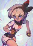  1girl bangs black_bodysuit black_hairband bodysuit bodysuit_under_clothes clenched_hand closed_mouth collared_shirt commentary_request dynamax_band eyelashes eyes_visible_through_hair gloves grey_hair gym_leader hair_between_eyes hairband highres holding holding_poke_ball looking_at_viewer nijimaarc poke_ball pokemon pokemon_(game) pokemon_swsh print_shirt print_shorts purple_eyes saitou_(pokemon) shirt short_hair short_sleeves shorts single_glove solo ultra_ball 