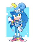  amphibian anthro aukives blue_body blue_eyes blue_hair blue_markings carrying clothing crossover duo eulipotyphlan feral footwear gloves green_eyes hair handwear headphones hedgehog looking_at_another mammal markings nintendo on_head pok&eacute;ball pok&eacute;mon pok&eacute;mon_(species) shirt shoes smile sobble sonic_the_hedgehog sonic_the_hedgehog_(series) standing tan_body tan_inner_ear topwear video_games yellow_body 