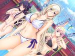  3girls bare_shoulders bertille_althusser bikini black_hair blonde_hair blue_eyes blush bow breasts celia_kumani_entory cleavage cloud collarbone drill_hair dutch_angle frilled_bikini frills front-tie_top game_cg hair_bow hair_ornament hand_on_hip hands_on_hips headband komori_kei large_breasts long_hair looking_at_viewer multiple_girls navel parted_hair parted_lips pink_hair polka_dot polka_dot_bikini polka_dot_swimsuit ryuuzouji_akane side-tie_bikini sky smile sparkle stage stage_lights standing sunlight swimsuit thighs tree walkure_romanze 