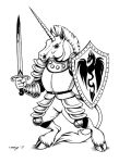  anthro armor crusader equid equine female horn knight male mammal megan_giles melee_weapon shield simple_background solo sword unicorn warrior weapon white_background 