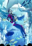  1girl aquarium artist_request audience bodysuit bubble commentary_request diving_mask diving_mask_on_eyes diving_regulator fish flippers gloves goggles manta_ray mask original scuba scuba_gear scuba_tank short_hair solo stingray swimsuit translation_request underwater water wetsuit whale 