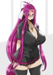  1girl absurdres arms_behind_back black_legwear black_shirt black_skirt breasts cleavage closed_mouth collared_shirt covered_nipples curvy dress_shirt facial_mark fate/grand_order fate_(series) forehead_mark glasses hair_ribbon high_ponytail highres huge_breasts jewelry long_hair long_ponytail miniskirt necklace pleated_skirt purple_eyes purple_hair ribbon rider school_uniform shirt short_sleeves sidelocks skirt standing thighhighs thighs uc uniform very_long_hair 