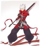  1boy alder belt black_gloves blazblue closed_mouth gloves gradient gradient_background green_eyes hair_between_eyes heterochromia highres holding holding_sword holding_weapon male_focus ragna_the_bloodedge red_eyes solo sword weapon white_hair 