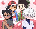  4boys antenna_hair baseball_cap black_hair black_shirt blue_eyes blue_jacket blue_undershirt blush brown_eyes closed_eyes dark_skin dark_skinned_male gon_freecss gou_(pokemon) green_jacket hat holding holding_phone hunter_x_hunter jacket killua_zoldyck looking_at_phone messy_hair multiple_boys open_mouth phone pokemon pokemon_(anime) pokemon_swsh_(anime) sara_bonetti satoshi_(pokemon) shirt sleeveless sleeveless_jacket smile sparkle spiked_hair twitter_username white_hair white_shirt yaoi 