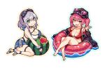  2girls :d alternate_costume baseball_cap bikini blush breasts collarbone commentary_request eating food food_in_mouth food_on_face fruit goggles goggles_on_head green_eyes hat heterochromia hololive houshou_marine innertube kakage large_breasts looking_at_viewer multiple_girls off-shoulder_coat open_mouth ponytail red_bikini red_eyes red_hair scrunchie shirogane_noel short_hair short_ponytail silver_hair simple_background smile swimsuit thigh_strap twintails two-tone_bikini virtual_youtuber watermelon white_background wrist_scrunchie yellow_eyes 