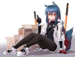  1girl animal_ears arknights blue_hair box cigarette dog_tags gloves hair_between_eyes highres holding holding_cigarette jacket long_hair looking_at_viewer narynn orange_eyes pantyhose shoes simple_background sitting solo tail texas_(arknights) white_background 