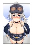  1girl azur_lane blue_eyes blush breasts bright_pupils cleavage commentary_request enterprise_(azur_lane) enterprise_(wind_catcher)_(azur_lane) eyewear_on_head flying_sweatdrops hat highres imagawa_akira large_breasts long_hair looking_at_viewer race_queen silver_hair smile solo sunglasses sweatdrop thighhighs tinted_eyewear very_long_hair 