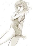  1girl :d adjusting_clothes adjusting_swimsuit bangs blush breasts eyebrows_visible_through_hair floating_hair from_below greyscale hair_between_eyes long_hair looking_at_viewer misaka_mikoto monochrome open_mouth puma_(hyuma1219) school_swimsuit shoulder_blades simple_background small_breasts smile solo standing swimsuit to_aru_majutsu_no_index twitter_username white_background 