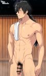  1boy abs arima_(arima_bn) bangs black_hair blush chest collarbone fate/grand_order fate_(series) flaccid highres koha-ace long_hair male_focus male_pubic_hair muscle nipples nude onsen pectorals penis ponytail pubic_hair sakamoto_ryouma_(fate) smile solo testicles upper_body 