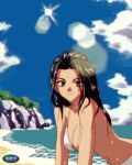  1990s_(style) 1girl artist_name beach bikini black_hair breasts brown_hair cleavage cloud collarbone highres leaning_forward lens_flare long_hair looking_at_viewer medium_breasts midriff navel ocean original retro_artstyle sky smile solo sunlight swimsuit water wet white_bikini youdotan 