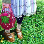  1girl ace_akira arm_at_side bag black_legwear brown_footwear child dandelion day dress flower grass handbag heart holding_purse leggings long_sleeves mary_janes original pink_purse plaid scenery shadow shoes socks solo standing sunlight white_dress white_legwear yellow_flower 