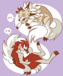  anthro black_claws blue_eyes brown_body brown_fur canid canine claws duo emoji feral fur hair hi_res lycanroc mammal midday_lycanroc midnight_lycanroc nintendo pikarat pink_eyes pink_inner_ear pok&eacute;mon pok&eacute;mon_(species) purple_background red_body red_fur sharp_teeth simple_background smile spikes teeth text toe_claws tuft video_games white_body white_fur white_hair 