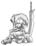  2010 anthro biceps biped black_and_white blizzard_entertainment bottomwear bovid bovine clothed clothing hair hi_res hooves horn male mammal mehawk melee_weapon monochrome muscular muscular_anthro muscular_male rock shorts side_view simple_background sitting solo sword tauren topless video_games warcraft weapon white_background 