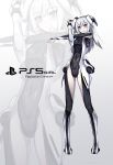  1girl absurdres bangs blue_eyes character_name covered_navel crossed_arms eyebrows_visible_through_hair highres i.takashi jacket leotard mecha_musume personification playstation_5 playstation_controller skin_tight smile solo sony white_hair zoom_layer 