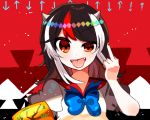  1girl arrow_(symbol) beryllium_(wintermerry) black_hair blue_neckwear blush bow bowtie commentary_request fangs hand_up horns kijin_seija long_hair looking_at_viewer lowres middle_finger miracle_mallet multicolored_hair patterned_background puffy_short_sleeves puffy_sleeves rainbow_gradient red_background red_eyes red_hair red_nails shirt short_sleeves solo streaked_hair tongue tongue_out touhou uneven_eyes white_hair white_shirt 