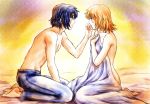  1boy 1girl athrun_zala barefoot bed_sheet between_legs blonde_hair blue_hair blue_pants blush cagalli_yula_athha collarbone couple covering eye_contact from_side full_body green_eyes gundam gundam_seed hand_between_legs kneeling looking_at_another naked_sheet nude pants parubinko profile shiny shiny_hair short_hair sitting topless wariza yellow_eyes 