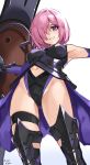  1girl armor armored_dress bare_shoulders black_legwear blush breasts cameltoe fate/grand_order fate_(series) hair_over_one_eye highres looking_at_viewer mash_kyrielight medium_breasts navel oliver_koito ortenaus pink_hair purple_eyes shield short_hair signature simple_background smile solo teeth thighhighs white_background 