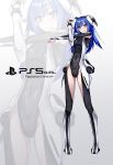  1girl absurdres bangs blue_eyes blue_hair character_name covered_navel crossed_arms eyebrows_visible_through_hair highres i.takashi jacket leotard mecha_musume personification playstation_5 playstation_controller skin_tight smile solo sony zoom_layer 