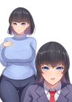  2girls absurdres band-width bangs black_hair blazer blue_eyes blue_pants blue_sweater blunt_bangs blush breasts collared_shirt crossed_bangs curvy earrings eyebrows_visible_through_hair hand_on_own_chest highres jacket jewelry large_breasts looking_at_viewer mole mole_under_eye mother_and_daughter multiple_girls open_mouth original pants parted_lips red_neckwear shirt short_hair standing sweater turtleneck white_shirt 