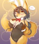  2020 anthro black_hair black_nose blush bow_tie breasts brown_eyes bunny_costume canid canine clothing costume eyewear fake_ears fake_rabbit_ears female fox fur glasses hair hand_on_breast hi_res kemono leotard looking_at_viewer mammal money money_in_cleavage open_mouth shitsu_kushi-mono solo 