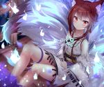  1girl animal_ear_fluff animal_ears bangs blurry blurry_background blurry_foreground blush brown_hair closed_mouth commentary_request depth_of_field detached_sleeves eyebrows_visible_through_hair feet_out_of_frame fox_ears fox_girl fox_tail fur-trimmed_sleeves fur_trim girls_frontline hair_between_eyes japanese_clothes kimono knees_up kyuubi long_sleeves multiple_tails red_eyes sidelocks sitting sleeveless sleeveless_kimono smile solo tail thigh_strap type_79_(girls_frontline) u.b_m1s2s white_kimono white_sleeves wide_sleeves 