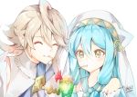  1boy 1girl atoatto azura_(fire_emblem) blue_hair closed_eyes closed_mouth corrin_(fire_emblem) corrin_(fire_emblem)_(male) drinking drinking_straw fire_emblem fire_emblem_fates fire_emblem_heroes glass hat long_hair pointy_ears short_hair signature simple_background upper_body white_background white_hair yellow_eyes 