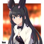  1girl animal_ears asashio_(kantai_collection) black_hair black_leotard black_neckwear blazer blue_eyes bow bowtie bunny_ears bunny_girl bunnysuit commentary_request detached_collar etosen jacket kantai_collection leotard long_hair solo strapless strapless_leotard upper_body white_jacket 