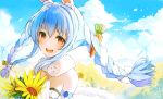  1girl :d animal_ear_fluff animal_ears bangs bare_shoulders blue_hair blush bow braid breasts bunny_ears carrot_hair_ornament commentary_request day detached_sleeves don-chan_(hololive) dress eyebrows_visible_through_hair flower food_themed_hair_ornament hair_between_eyes hair_bow hair_ornament highres hololive long_hair looking_at_viewer multicolored_hair open_mouth outdoors puffy_sleeves red_eyes short_eyebrows sidelocks small_breasts smile snozaki strapless strapless_dress sunflower thick_eyebrows twin_braids twintails two-tone_hair upper_body upper_teeth usada_pekora virtual_youtuber white_bow white_dress white_hair white_sleeves wind_turbine windmill yellow_flower 