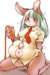  2020 anthro belly blush breasts female green_hair hair inflation kemono kneeling lagomorph leporid mammal navel necktie nipple_outline rabbit setouchi_kurage solo 