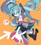  !? 1girl absurdres arrow_(symbol) blue_eyes blue_hair boots detached_arm detached_sleeves falling floating_hair hatsune_miku highres mamimu_(ko_cha_22) outstretched_arm thigh_boots thighhighs twintails v vocaloid 