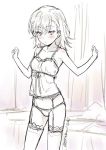  1girl bag blush breasts cleavage collarbone eyebrows_visible_through_hair garter_straps greyscale hair_between_eyes indoors lingerie midriff misaka_mikoto monochrome navel panties puma_(hyuma1219) rei_no_himo short_hair sketch sleeveless small_breasts solo standing stomach thighhighs to_aru_majutsu_no_index underwear underwear_only 