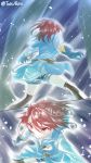  akira_(tete-akira) blue_background blue_dress dress fighting_stance gloves highres leila_asprey rain red_eyes red_hair shorts shuumatsu_nani_shitemasu_ka? thighhighs 