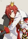  1boy bangs black_gloves blue_eyes boots cape crown depitwst gloves hair_between_eyes highres jacket long_sleeves male_focus mini_crown red_hair riddle_rosehearts short_hair simple_background solo thigh_boots thighhighs twisted_wonderland white_background 