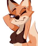  2020 anthro blue_eyes canid canine clothed clothing crop_top female fox fur half-length_portrait hi_res mammal midriff one_eye_closed orange_body orange_fur portrait shirt simple_background solo tohupo topwear white_background wink 