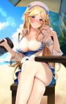  1girl alternate_costume bangs beach bikini bikini_tug blonde_hair blue_bikini blurry blurry_background blush breasts cleavage crossed_legs cup highres hiyashi_yaki holding holding_cup large_breasts long_hair looking_at_viewer mug nipple_slip nipples parted_bangs parted_lips pointy_ears princess_connect! princess_connect!_re:dive purple_eyes shirt sidelocks solo sweat swimsuit thighs tied_shirt yukari_(princess_connect!) 