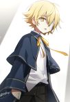  1boy bandage_over_one_eye black_pants blonde_hair blue_capelet blue_jacket capelet fortissimo jacket looking_at_viewer male_focus minahoshi_taichi neck_ribbon oliver_(vocaloid) pants parted_lips ribbon shirt signature spotlight untucked_shirt upper_body vocaloid white_shirt yellow_eyes yellow_ribbon 
