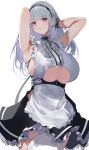  1girl anchor_choker anchor_necklace apron armpit_peek arms_up azur_lane bangs black_hairband breasts center_frills choker cleavage dido_(azur_lane) earrings ekaki_no_mime eyebrows_visible_through_hair frilled_choker frills hairband heart heart_earrings highres jewelry lace-trimmed_hairband large_breasts long_hair maid maid_apron maid_dress purple_eyes silver_hair thighhighs thighs tongue tongue_out underboob underboob_cutout waist_apron white_apron white_legwear wrist_cuffs 