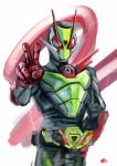  1boy belt_buckle buckle hand_on_hip highres kamen_rider kamen_rider_01_(series) kamen_rider_zero-two power_armor red_eyes signature solo tokusatsu upper_body v yygnzm 