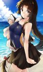  1girl bare_shoulders beach black_hair black_skirt blush breasts closed_mouth cloud competition_swimsuit day eyebrows_visible_through_hair hair_between_eyes hair_ornament hair_ribbon highres houshou_(kantai_collection) japanese_clothes kantai_collection kimono large_breasts long_hair looking_at_viewer ocean one-piece_swimsuit outdoors ponytail ribbon skirt sky smile solo swimsuit swimsuit_under_clothes twintails u_yuz_xx water white_kimono 