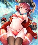  1girl :d afloat anchor_symbol bangs bare_shoulders bikini black_coat black_headwear black_legwear blush breasts choker coat day epaulettes eyebrows_visible_through_hair grin hair_ribbon hat heterochromia highres hololive houshou_marine innertube light_rays long_hair long_sleeves looking_at_viewer medium_breasts mogmog navel off_shoulder open_clothes open_coat open_mouth outdoors pirate_hat red_bikini red_choker red_eyes red_hair red_ribbon ribbon smile solo stomach sunbeam sunlight swimsuit teeth thigh_gap thighs twintails underboob very_long_hair virtual_youtuber water yellow_eyes 