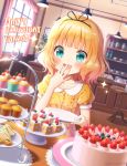 1girl :d bangs blonde_hair blue_eyes blunt_bangs blush breasts cake cherry collarbone commentary_request covering_mouth cupcake curtains day dress eyebrows_visible_through_hair food fruit gochuumon_wa_usagi_desu_ka? hair_ribbon hand_over_own_mouth happy_birthday highres holding holding_plate indoors kirima_sharo looking_at_object mozukun43 open_mouth plate ribbon shiny shiny_hair short_hair short_sleeves small_breasts smile solo strawberry tears twitter_username wavy_hair yellow_dress 
